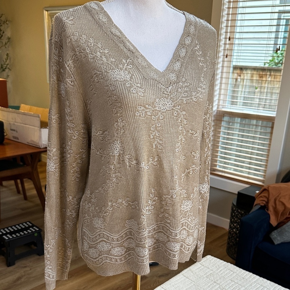 Vintage eyelet v neck lightweight pullover knit sweater - Picture 2 of 8